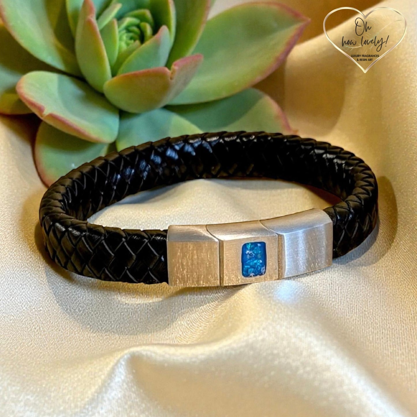 Black Leather Bracelet with Resin inset