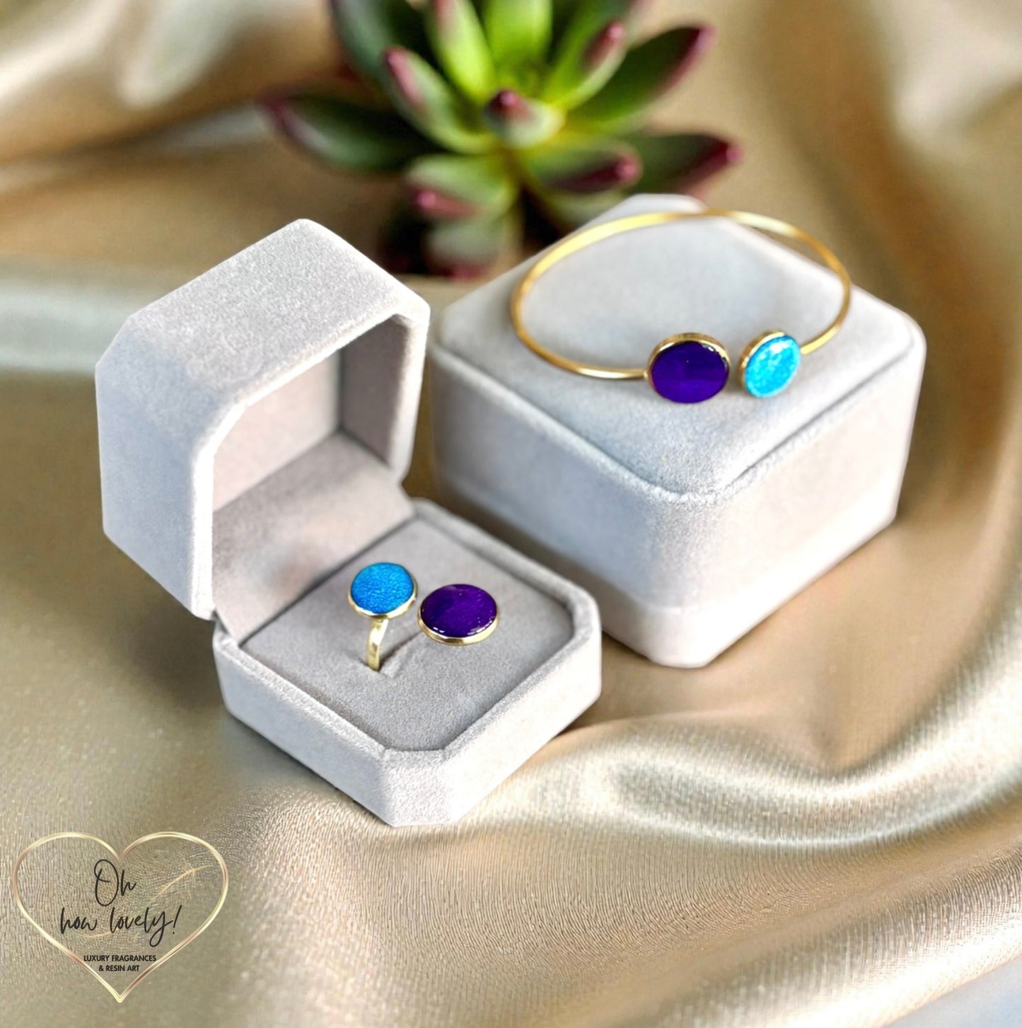 Handmade Resin Ring & Bangle Set – Purple & Blue Edition
