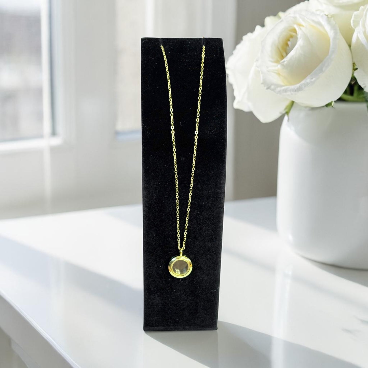 Self Fill Round Glass Memorial Necklace - Gold Plated