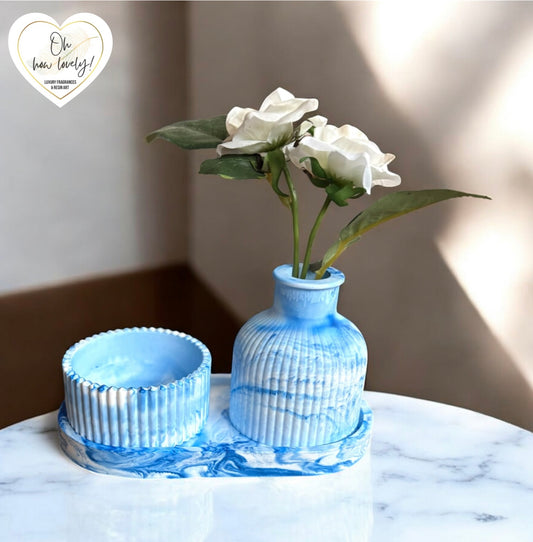 Blue Marbled Vase Set