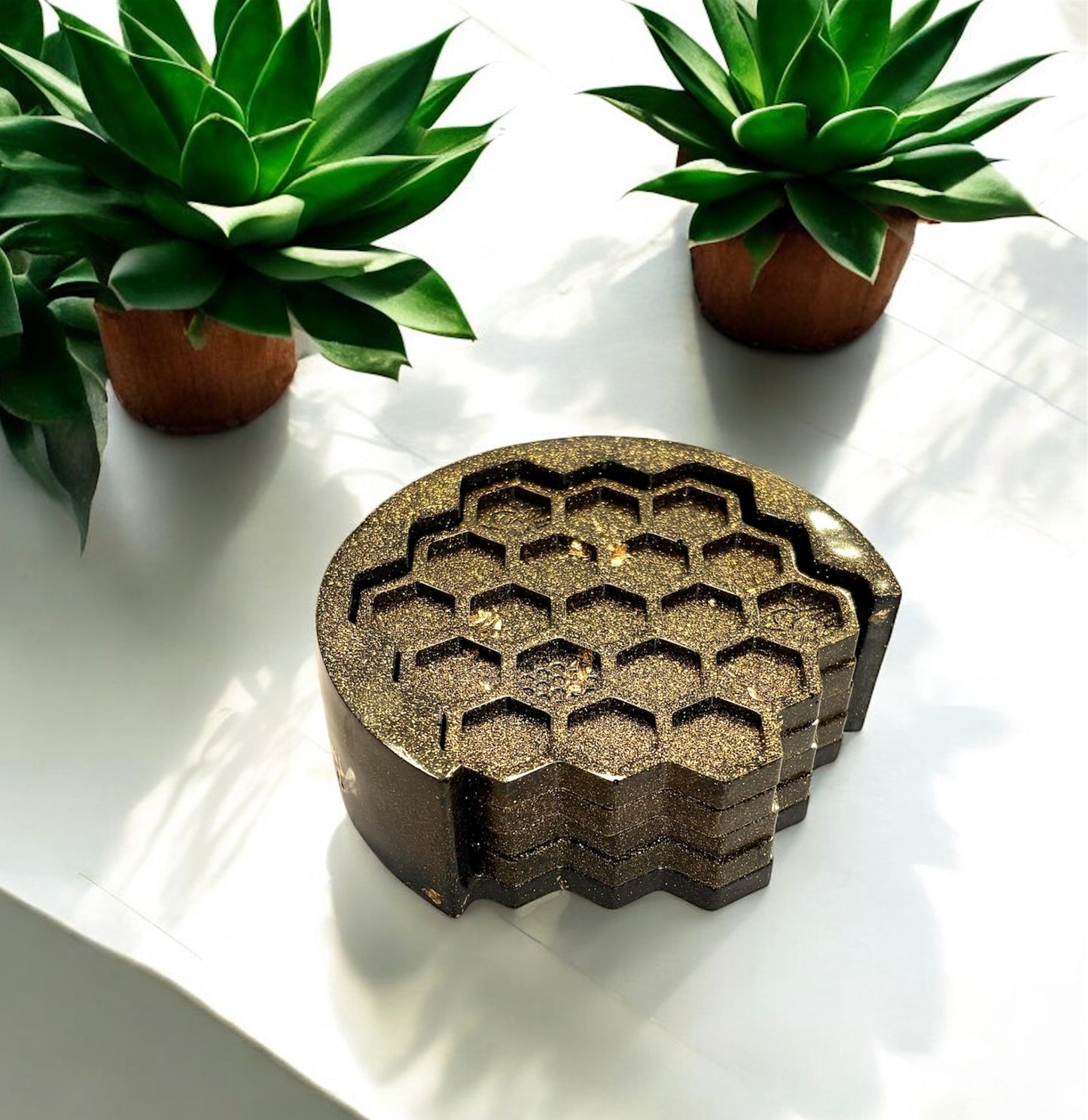 Set of four resin coasters & holder