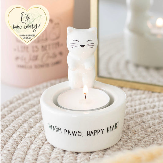 ‘Warm Paws, Happy Heart’ Cat Tealight Holder