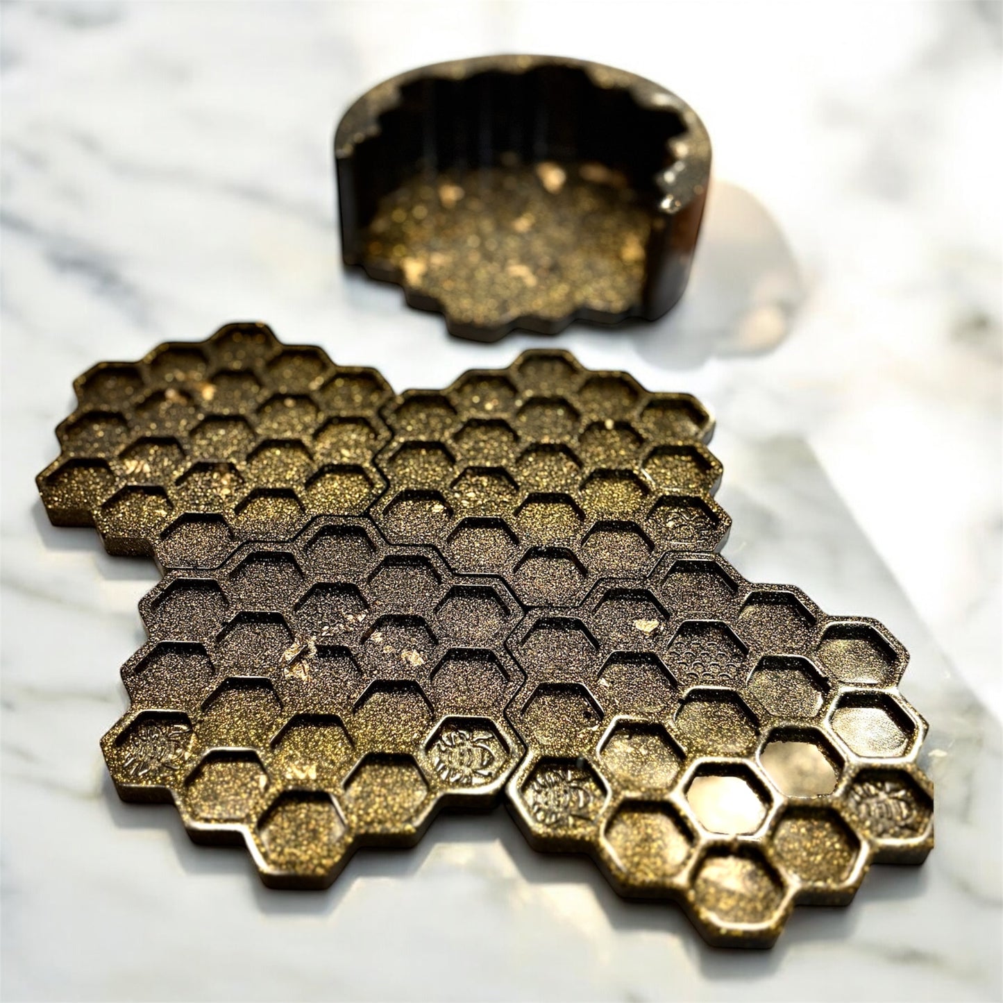 Set of four resin coasters & holder